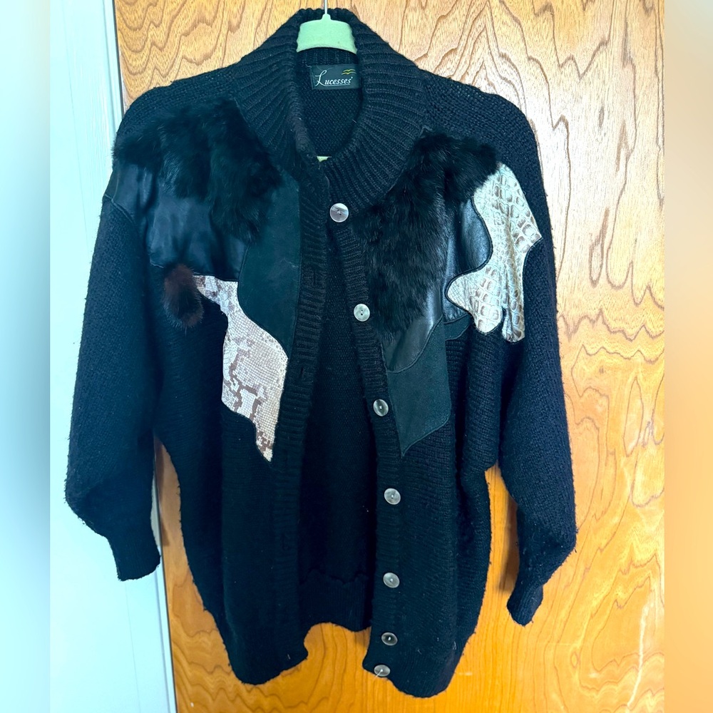 Funky vintage black fur, wool, suede and snakeskin mixed fabric button sweater.